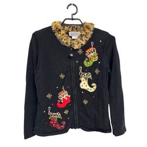 Tiara International Christmas Collection women's ugly sweater zip black size M
